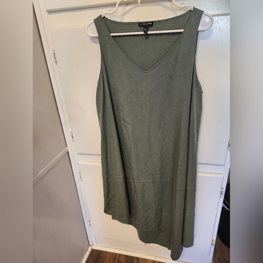 Eileen Fisher VNeck Asymmetrical Green Tencel Shift Dress Womens size petite LG